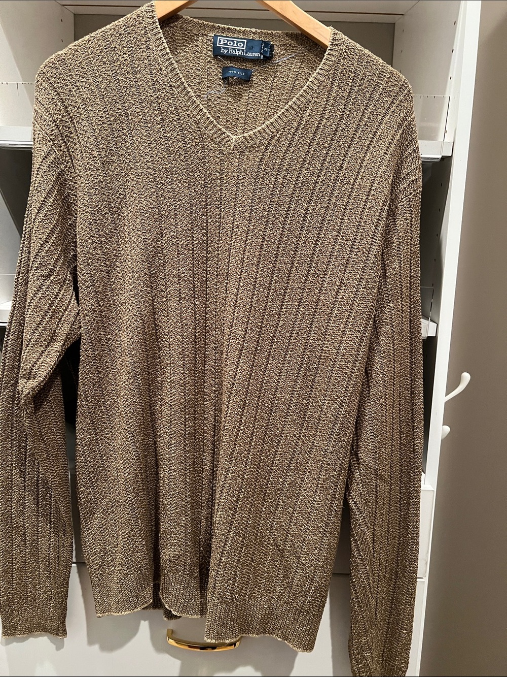 Vintage silk Polo by Ralph Lauren Men’s V-Neck Sweater - Beige/Tan Heather
